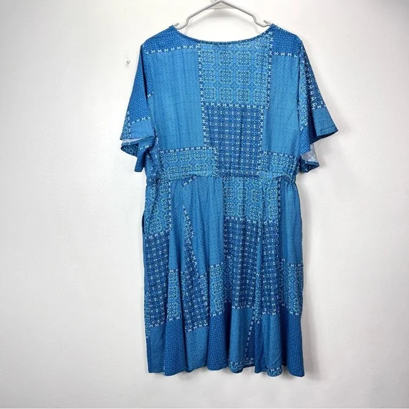 Torrid Blue Patchwork Short Sleeve Pockets Challis Flare Dress Size 1X - Picture 7 of 10